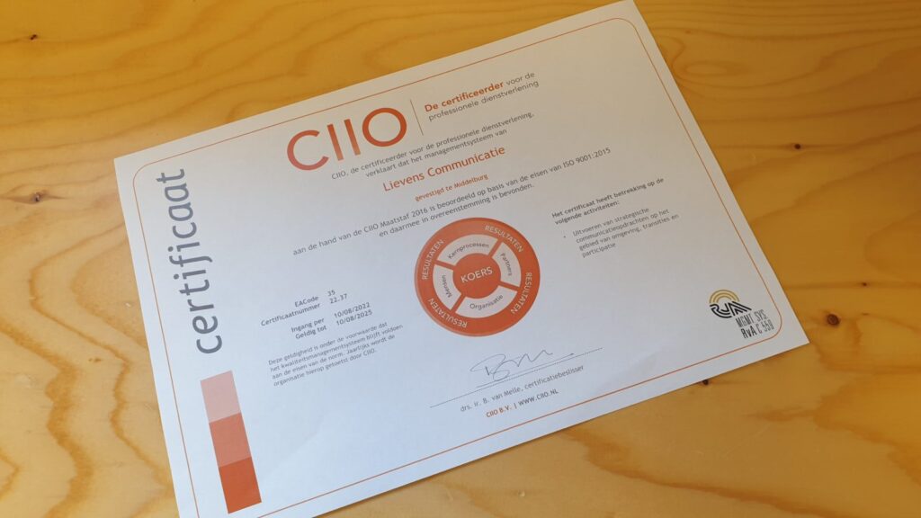 het CIIO certificaat van Lievens Communicatie.
