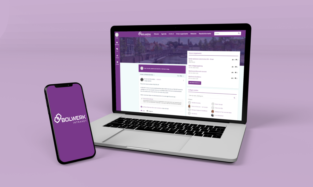 Een laptop en een telefoon met daarop het nieuwe intranet van Gemeente Hulst: Bolwerk. De hoofdkleur is paars.